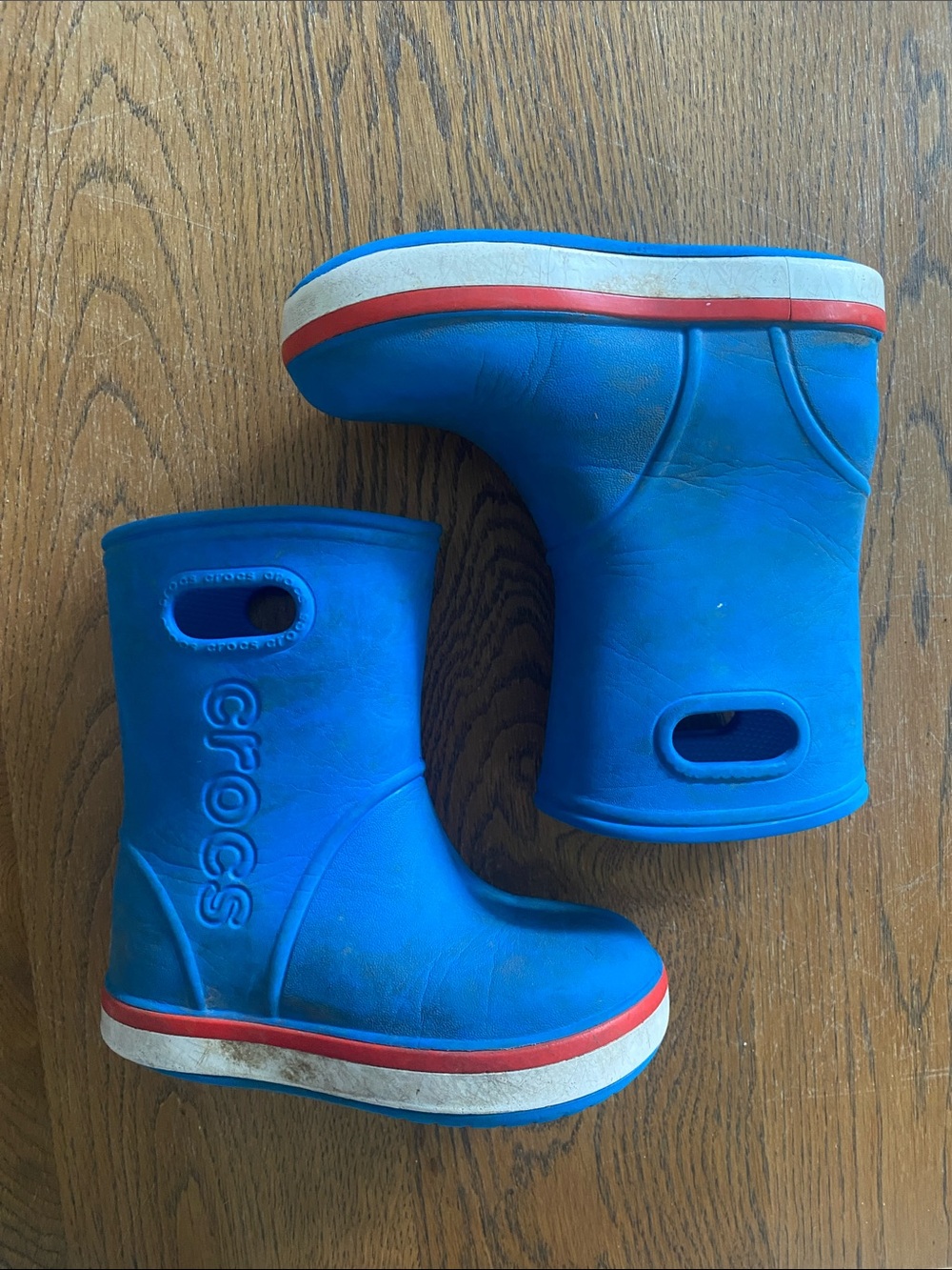 CROCS Kids Blue Waterproof Rain Boots with Red-Trim Sole
